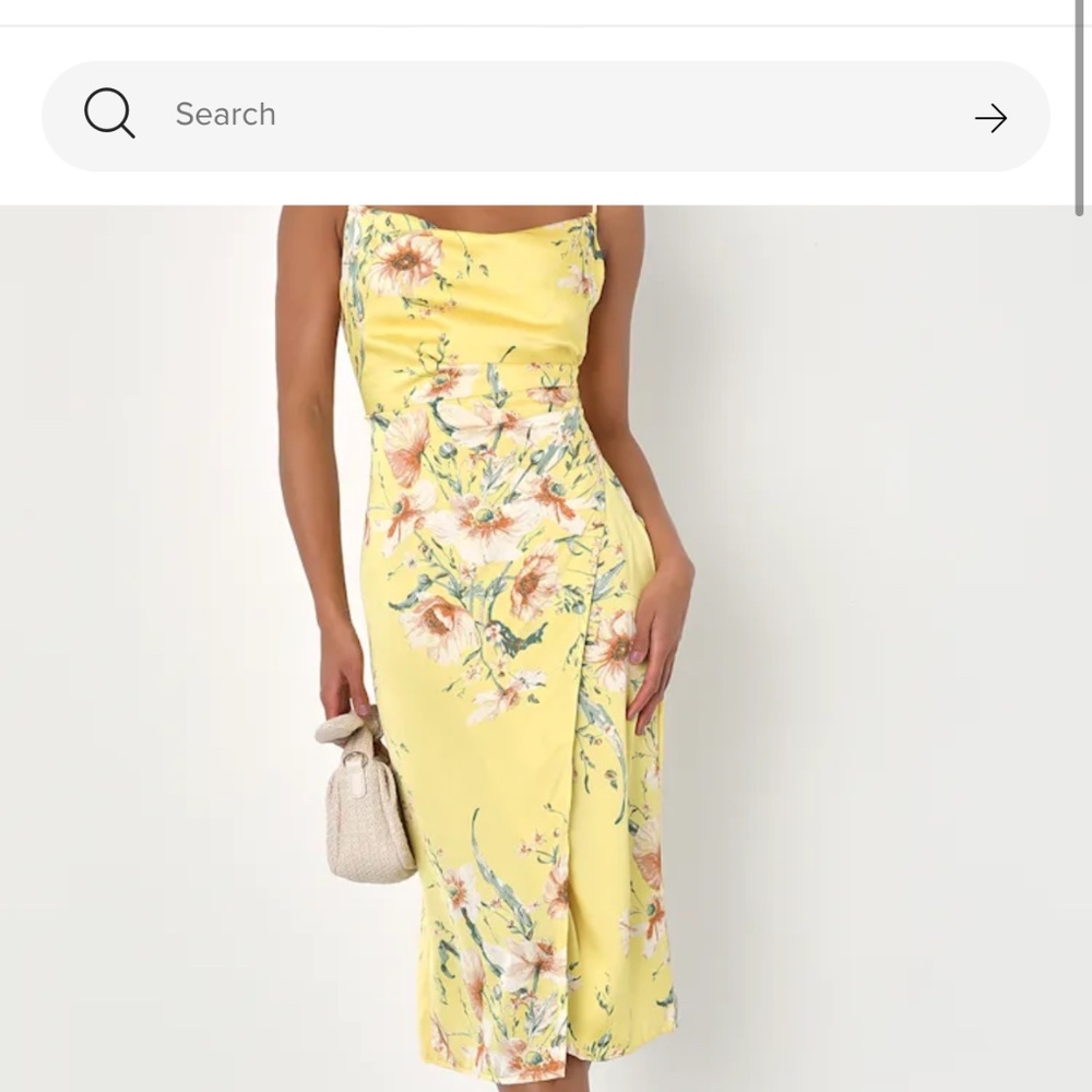 Lulus Sunny Blossom Yellow Floral Print Satin Cowl Neck Midi Dress - Size L